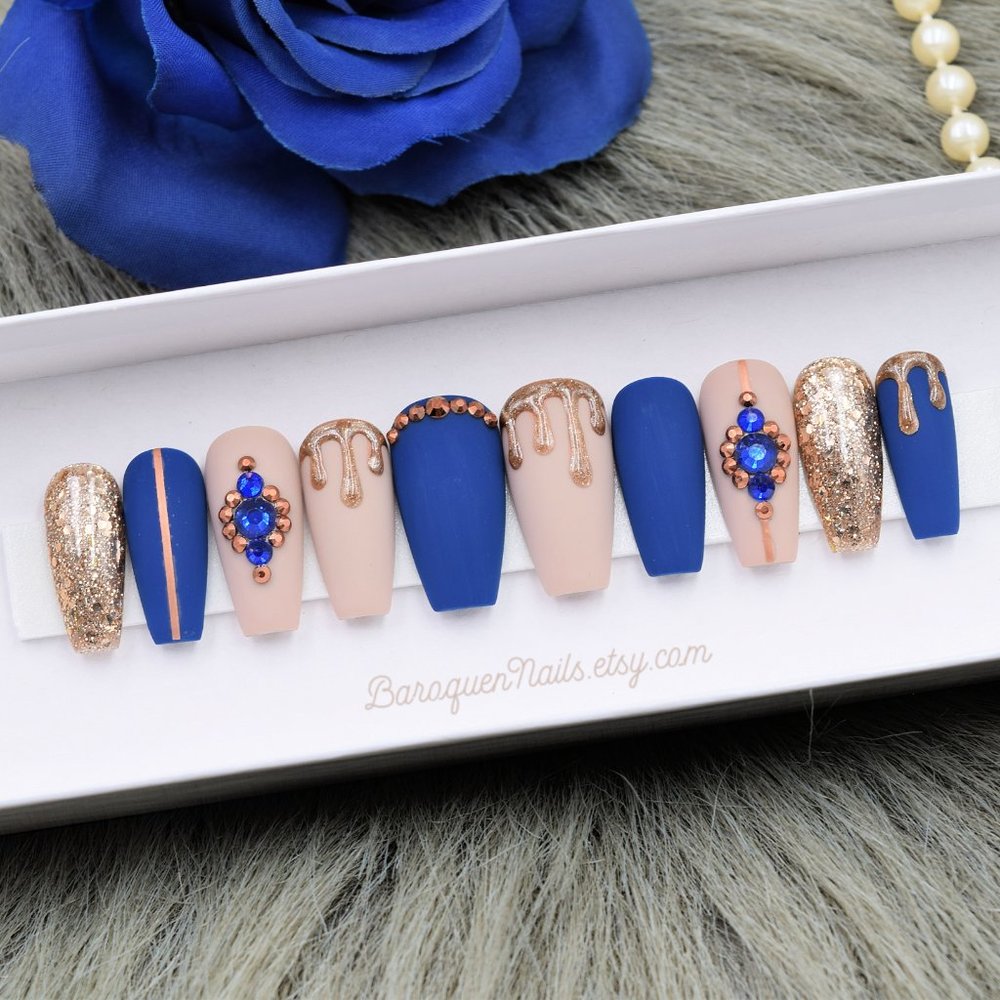Set of 10 Fake Nails Royal Blue & Rose Gold Luxury Press On Nails